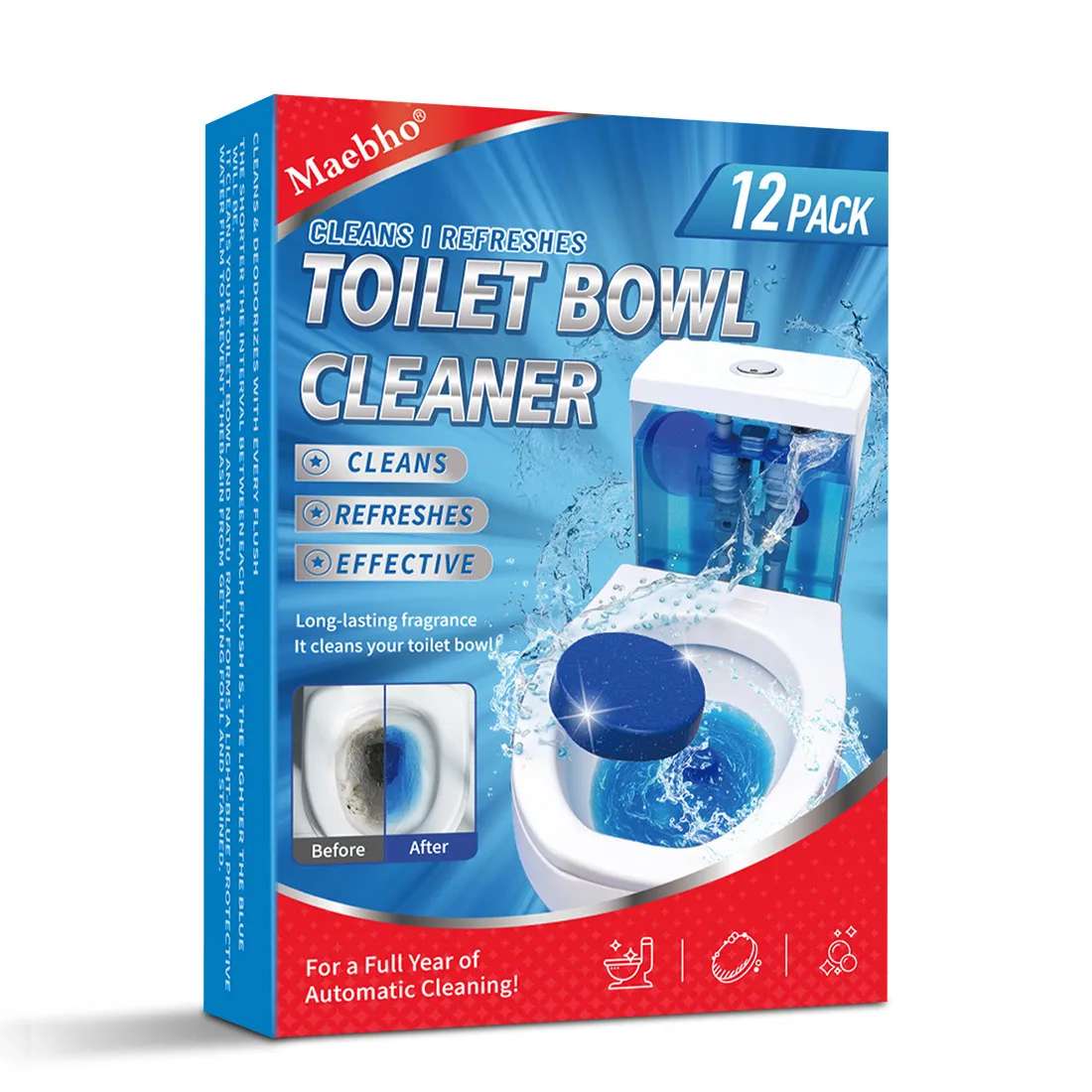 Blue Toilet Bowl Cleaner Blocks – Freshening & Deodorizing Drop-In Tablets, Toilet Tank Cleaner, Long-Lasting Bathroom Odor Eliminator (Blue Bubble)